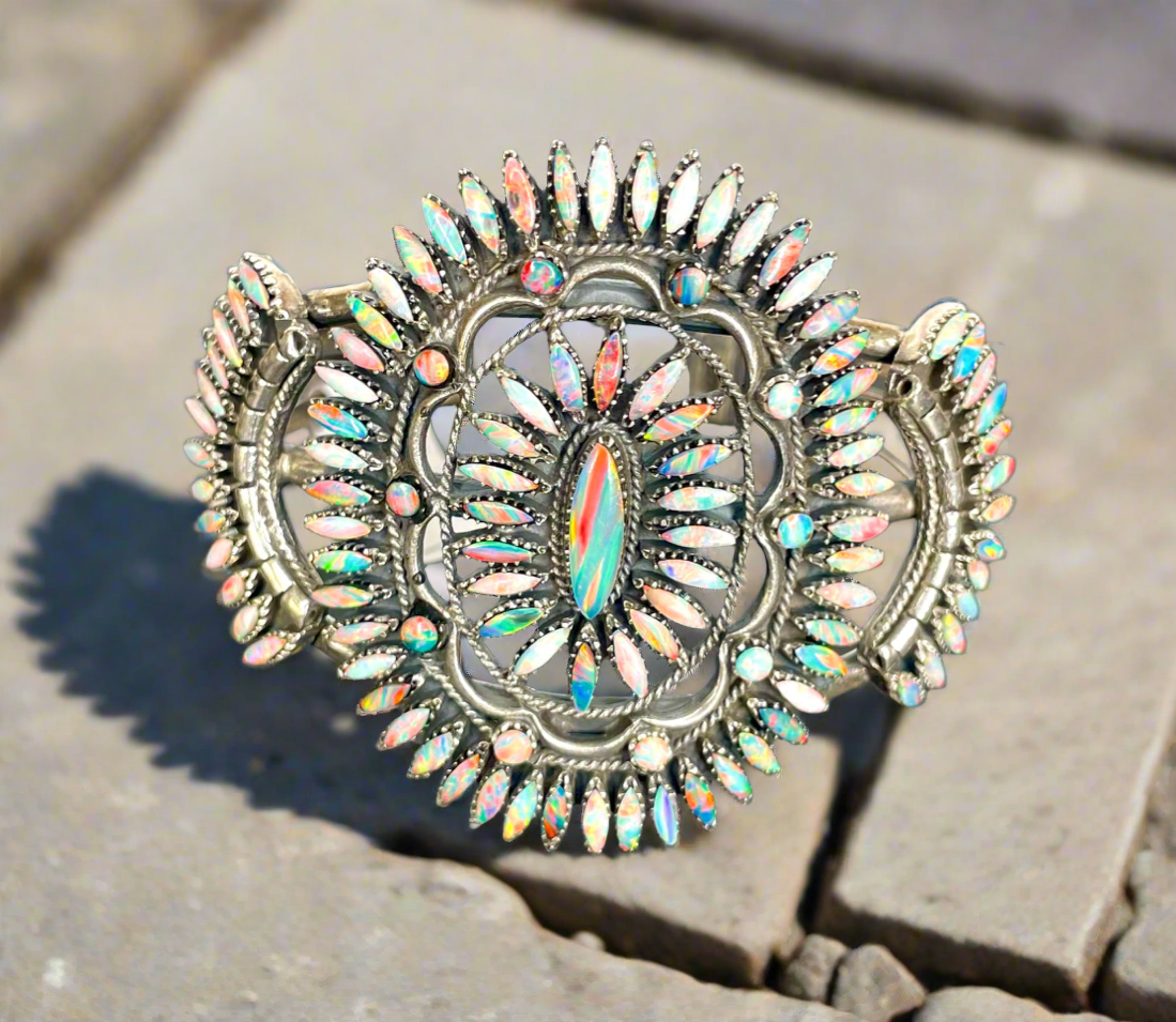 Vintage Sterling Silver & Fire Opal Cluster Cuff Bracelet