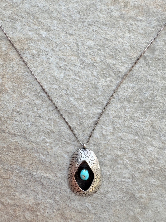 Vintage Navajo Sterling Silver & Turquoise Shadowbox Pendant Necklace
