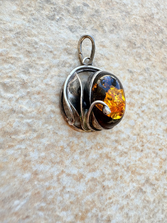 Vintage Baltic Amber & Sterling Silver Pendant