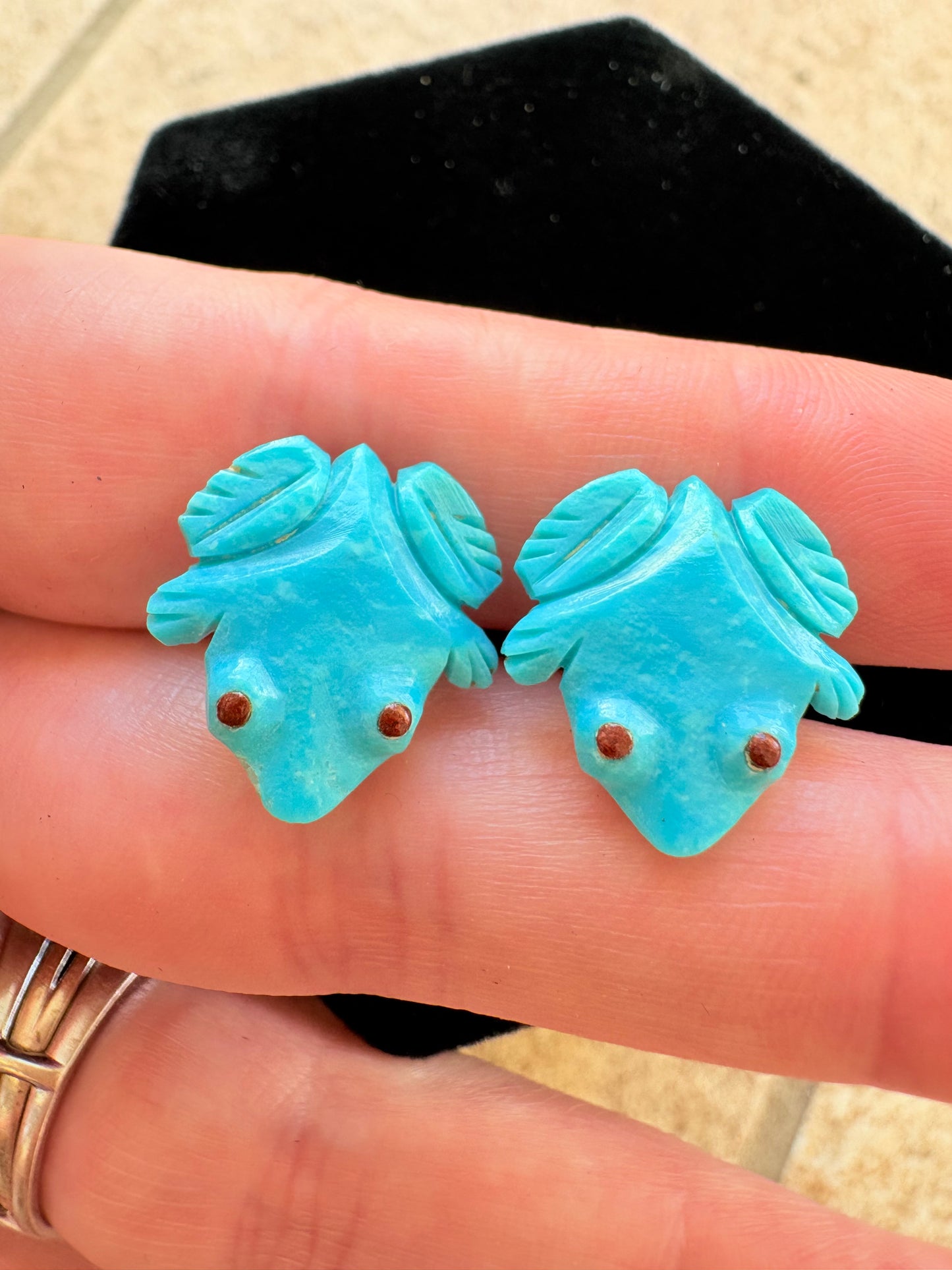 Vintage Turquoise Carved Frog Earrings with Red Coral Eyes – Sterling Silver