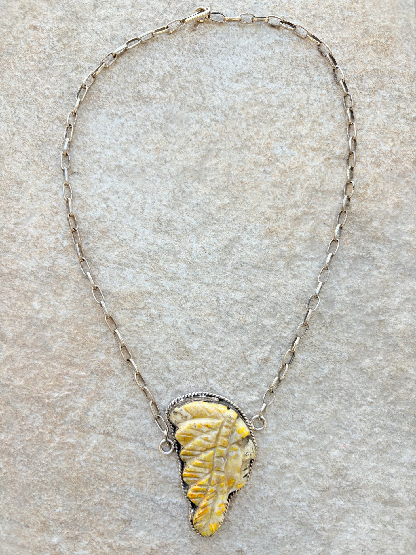 Vintage Sterling Silver Necklace with Hand-Carved Yellow Jasper Chief Head Pendant
