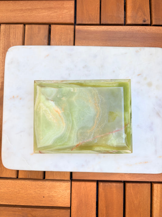 Vintage Italian Green Onyx Jewelry Trinket Box with Brass Accents and Claw Feet