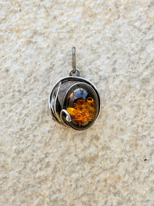Vintage Baltic Amber & Sterling Silver Pendant