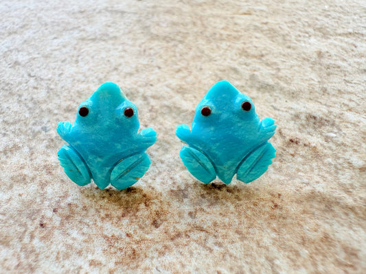 Vintage Turquoise Carved Frog Earrings with Red Coral Eyes – Sterling Silver