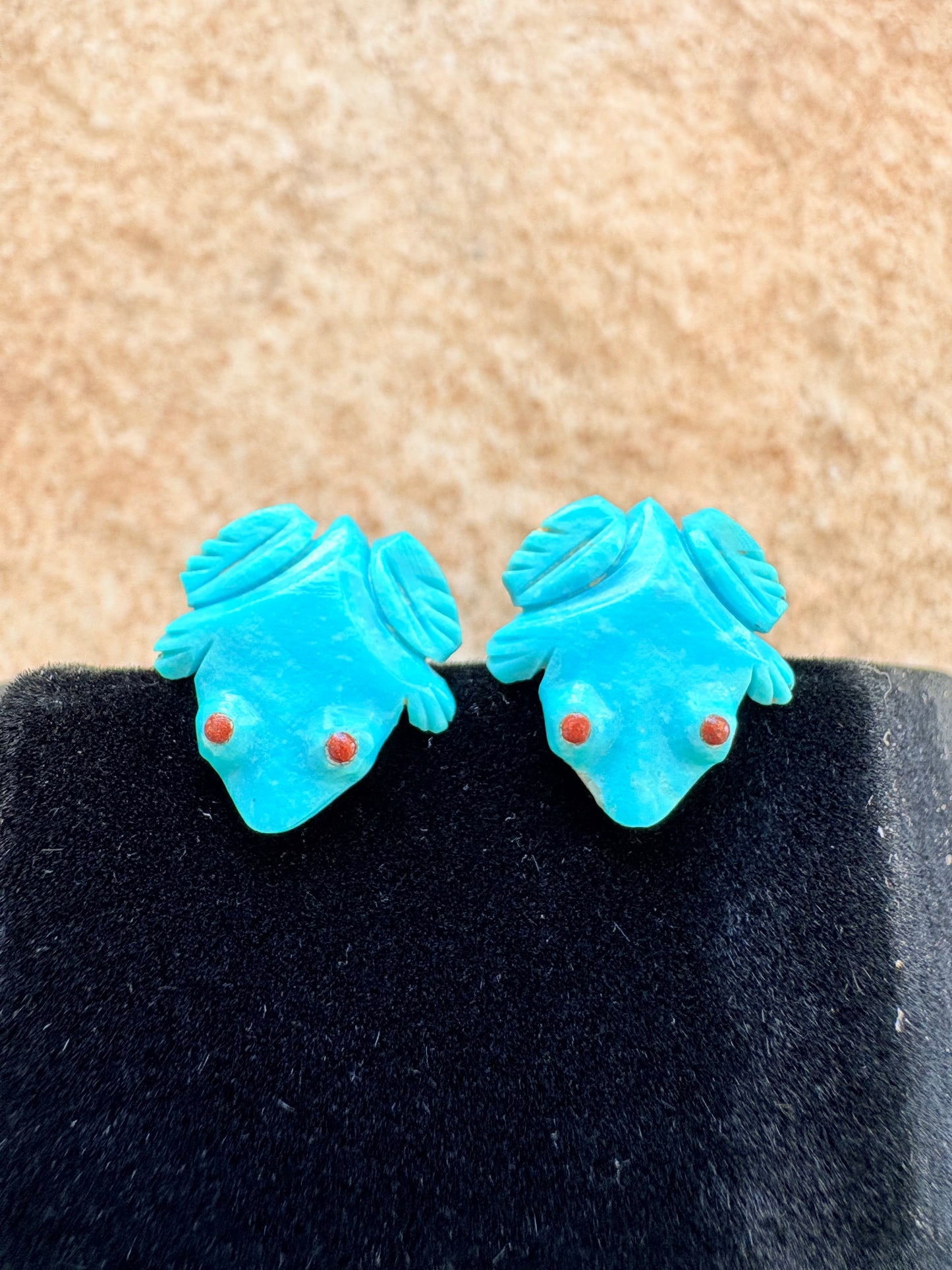 Vintage Turquoise Carved Frog Earrings with Red Coral Eyes – Sterling Silver