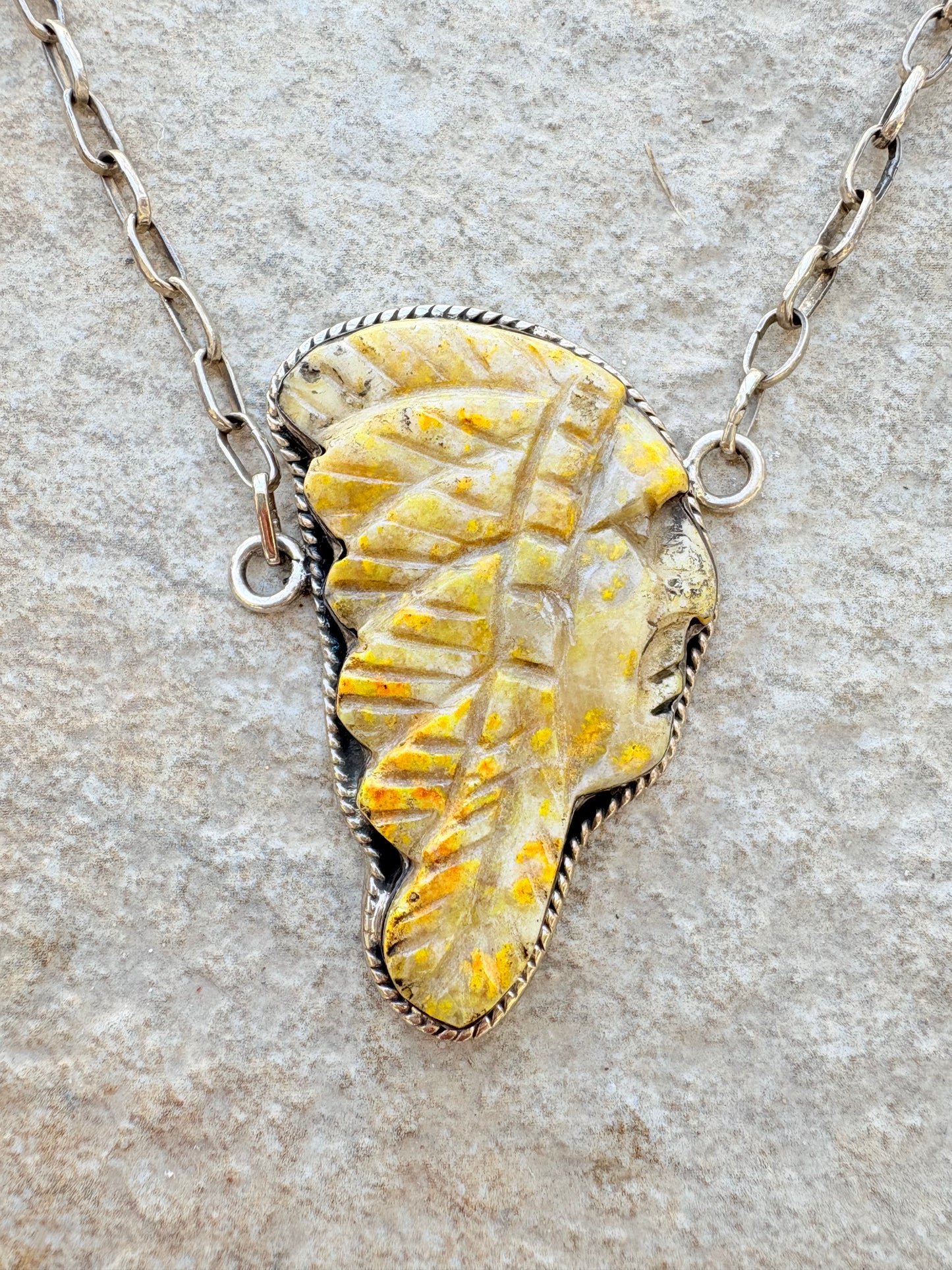 Vintage Sterling Silver Necklace with Hand-Carved Yellow Jasper Chief Head Pendant