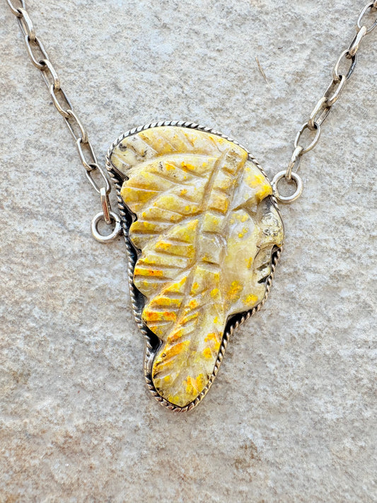 Vintage Sterling Silver Necklace with Hand-Carved Yellow Jasper Chief Head Pendant