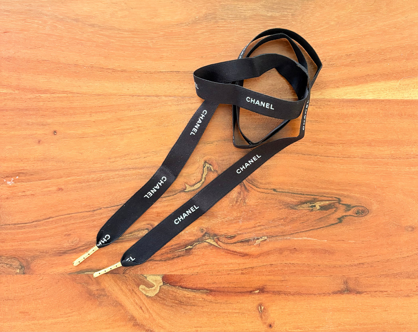 Authentic Black Chanel Ribbon with Metal Tips – Upcycled Luxury Shoelaces, Hoodie Strings, or Hair Ribbon