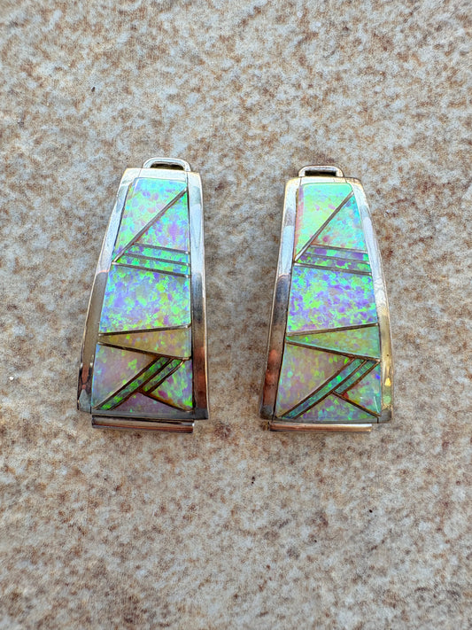 Vintage Native American Signed Sterling Silver Watch Bands with Opal Inlay by M. SPENCER