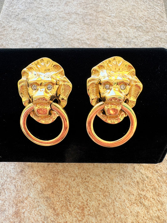 Kenneth Jay Lane for Avon Vintage Lion Head Door Knocker Earrings – Gold Tone with Rhinestone Eyes