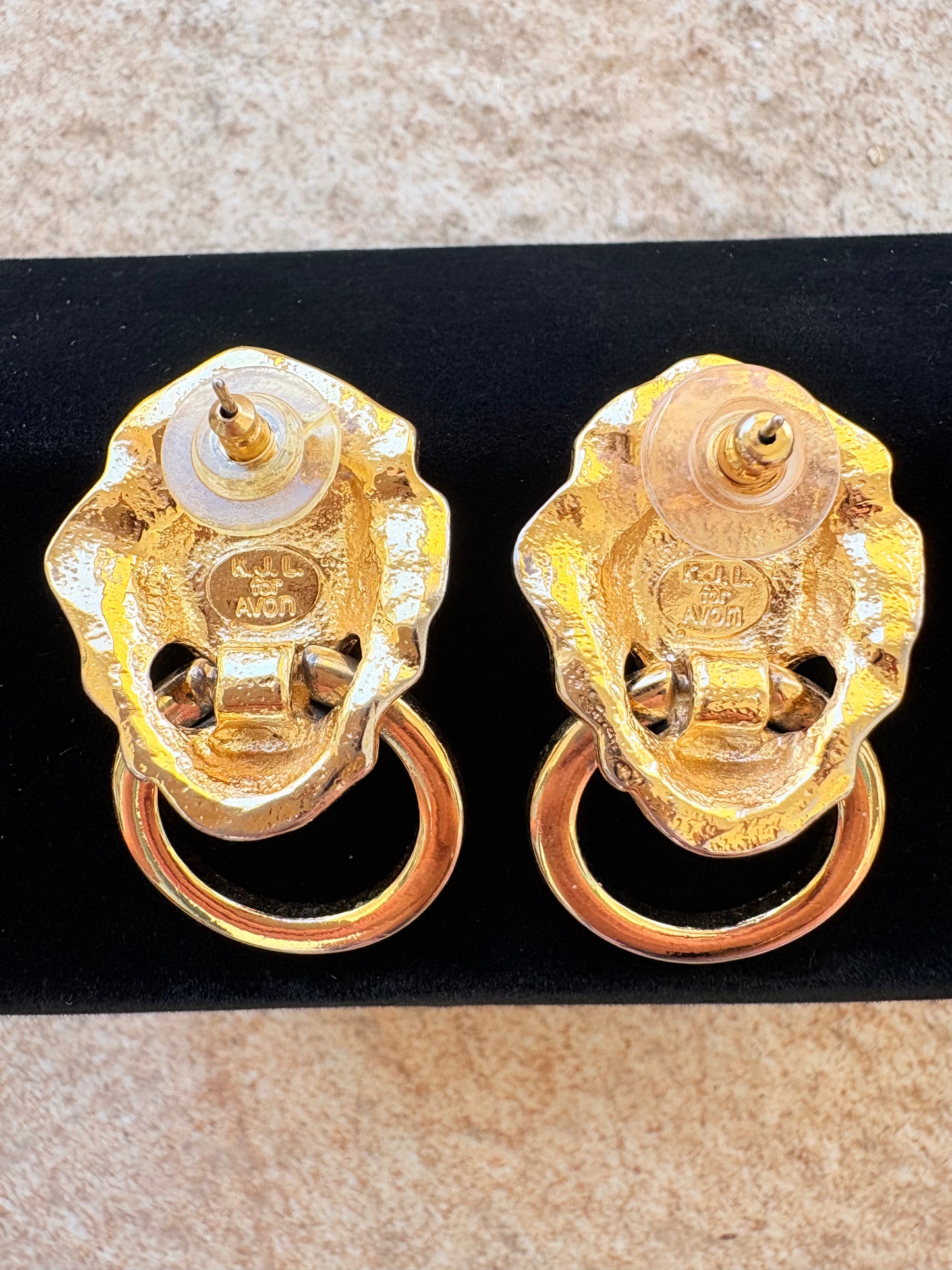 Kenneth Jay Lane for Avon Vintage Lion Head Door Knocker Earrings – Gold Tone with Rhinestone Eyes