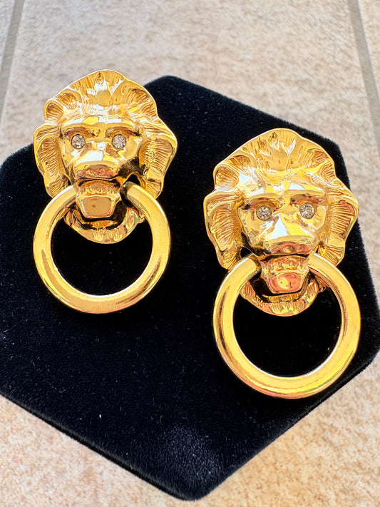 Kenneth Jay Lane for Avon Vintage Lion Head Door Knocker Earrings – Gold Tone with Rhinestone Eyes