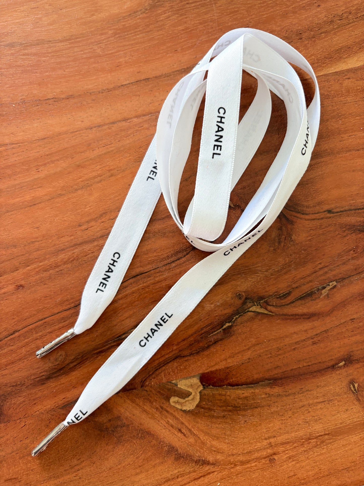 Authentic White Chanel Ribbon with Metal Tips – Upcycled Luxury Shoelaces, Hoodie Strings, or Hair Ribbon