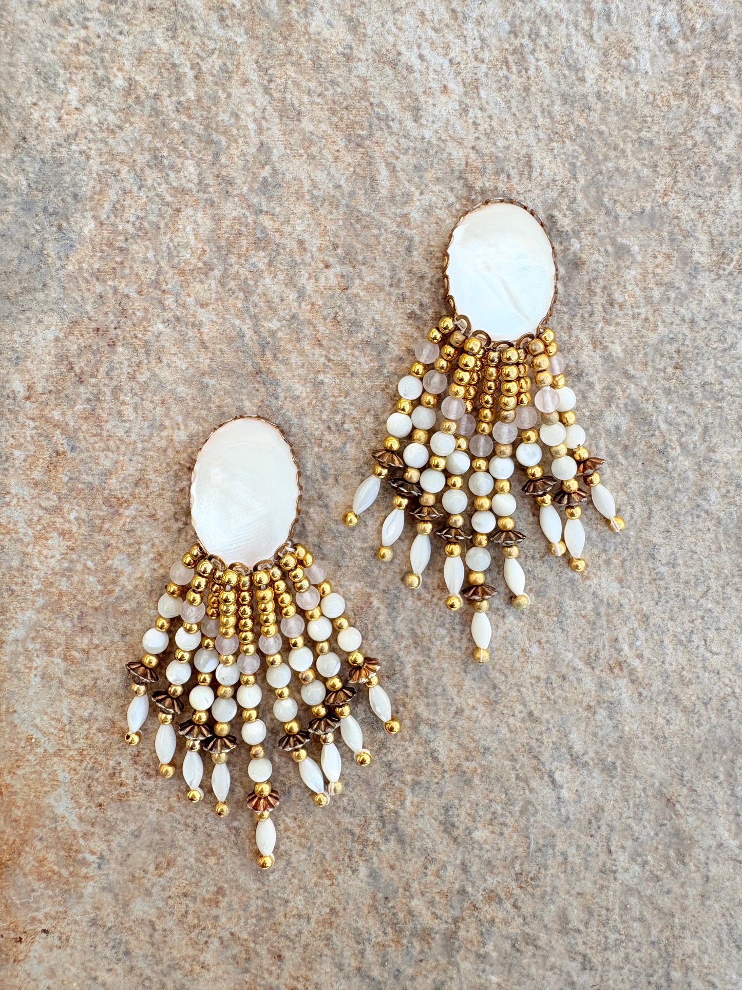 Vintage Mother of Pearl Beaded Chandelier Clip-On Earrings