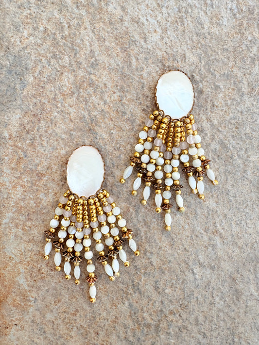 Vintage Mother of Pearl Beaded Chandelier Clip-On Earrings