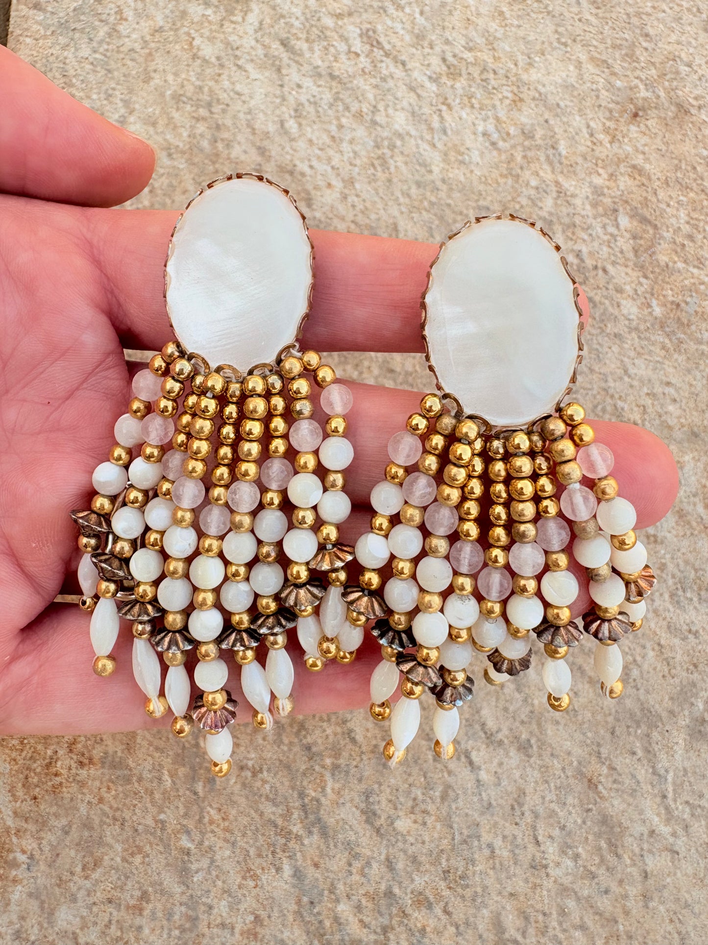 Vintage Mother of Pearl Beaded Chandelier Clip-On Earrings