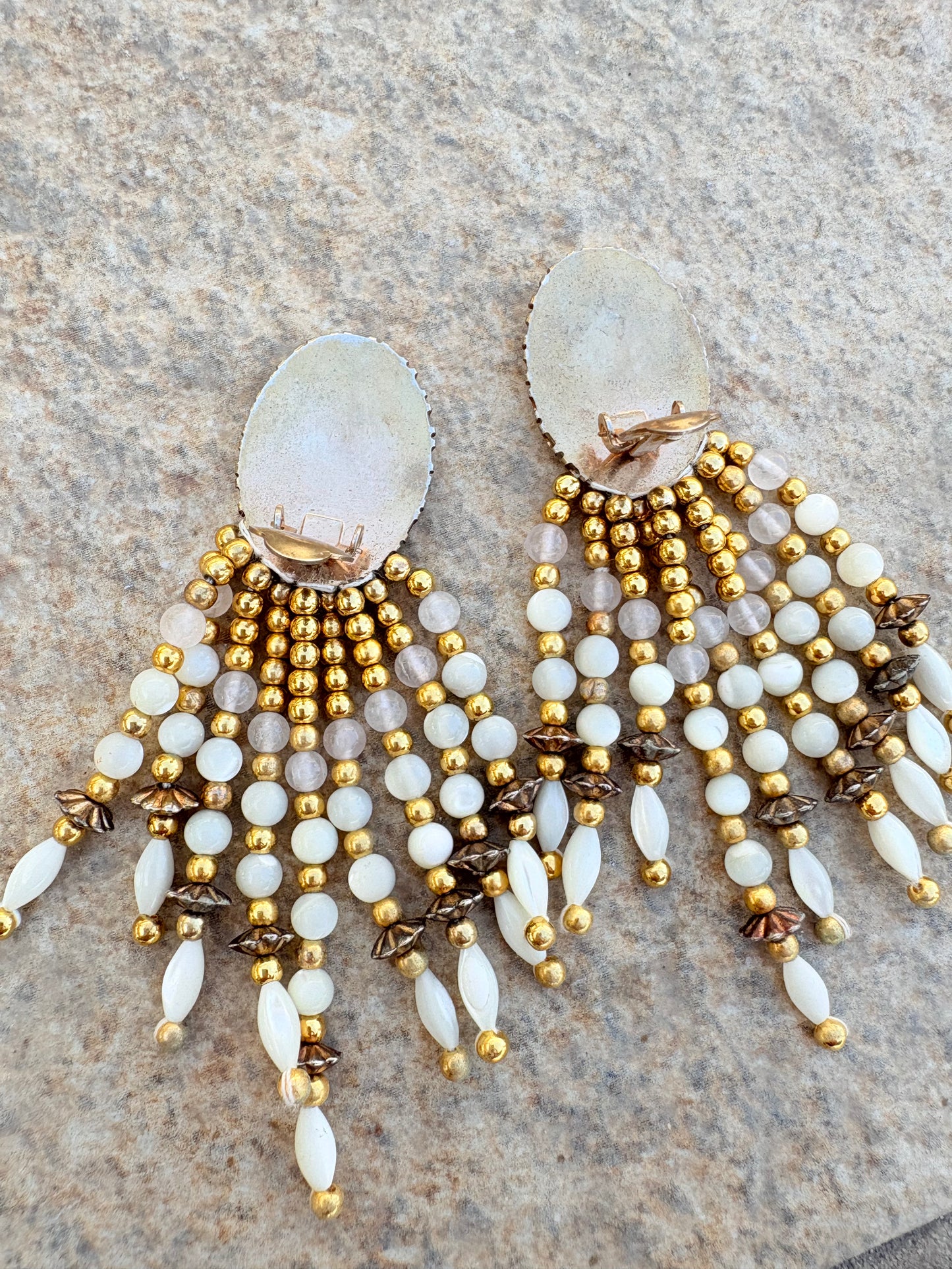 Vintage Mother of Pearl Beaded Chandelier Clip-On Earrings