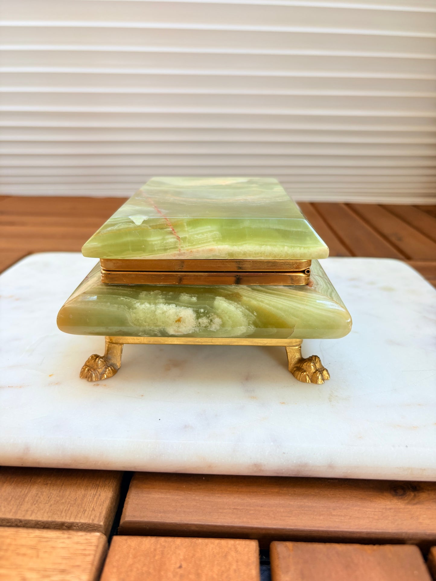 Vintage Italian Green Onyx Jewelry Trinket Box with Brass Accents and Claw Feet