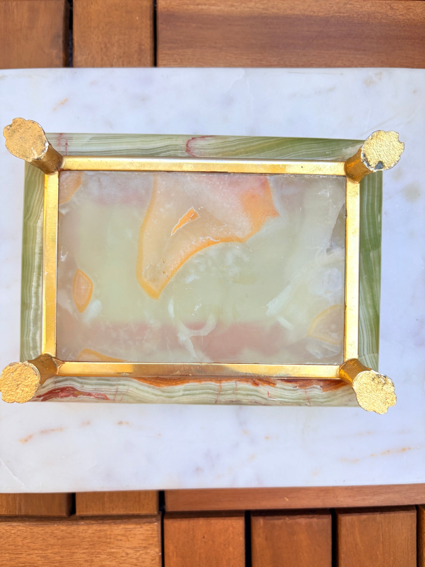 Vintage Italian Green Onyx Jewelry Trinket Box with Brass Accents and Claw Feet