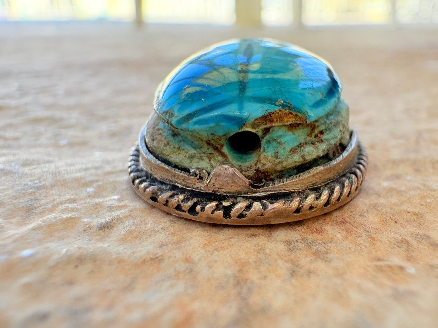 Vintage Egyptian Revival Scarab Pendant — Sterling Silver & Faience Glaze