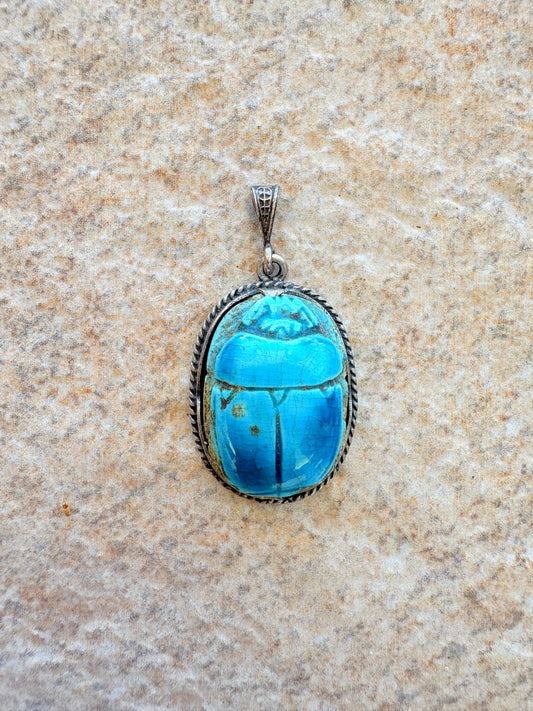Vintage Egyptian Revival Scarab Pendant — Sterling Silver & Faience Glaze