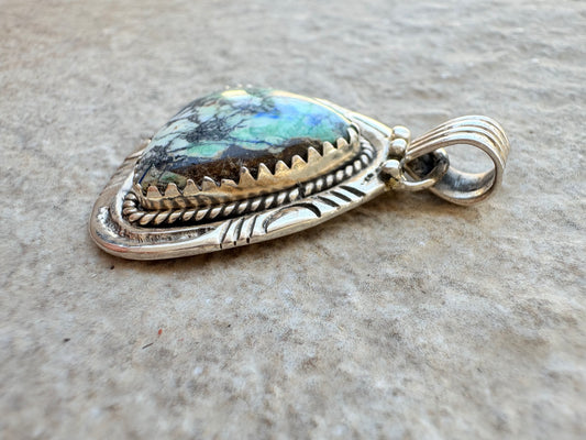 Vintage Sterling Silver Azurite-Malachite Pendant – Navajo Style Triangular Setting