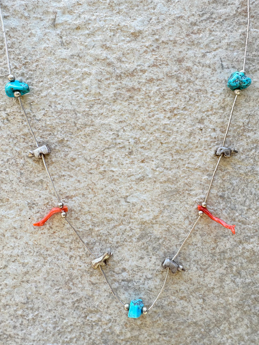 Vintage Native American Fetish Necklace | Sterling Silver, Turquoise & Coral
