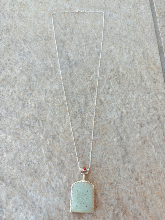 Vintage Sterling Silver Necklace with Carved Jade & Carnelian Accent