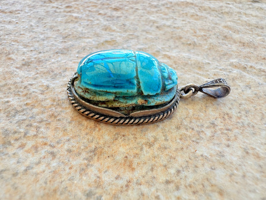 Vintage Egyptian Revival Scarab Pendant — Sterling Silver & Faience Glaze