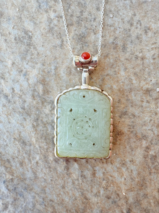 Vintage Sterling Silver Necklace with Carved Jade & Carnelian Accent