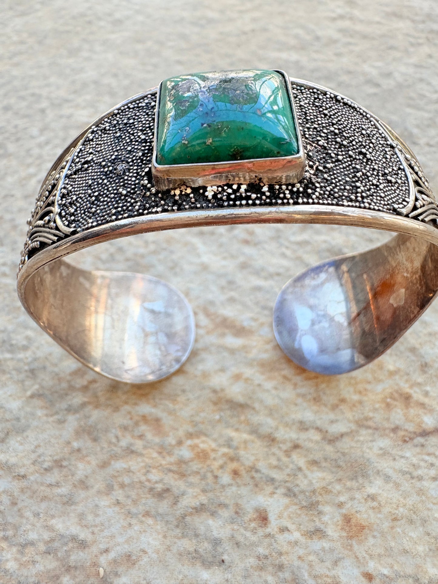 Vintage Sterling Silver Green Stone Cuff Bracelet – Handcrafted Boho Statement Piece