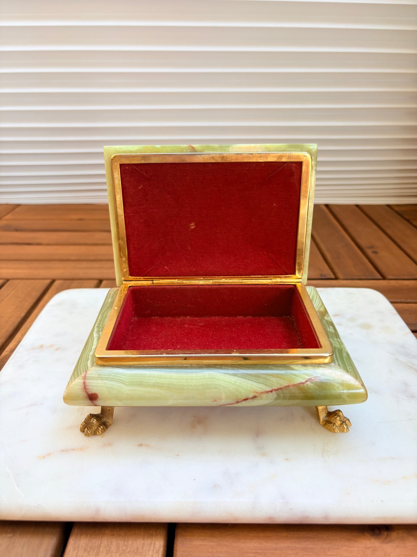 Vintage Italian Green Onyx Jewelry Trinket Box with Brass Accents and Claw Feet