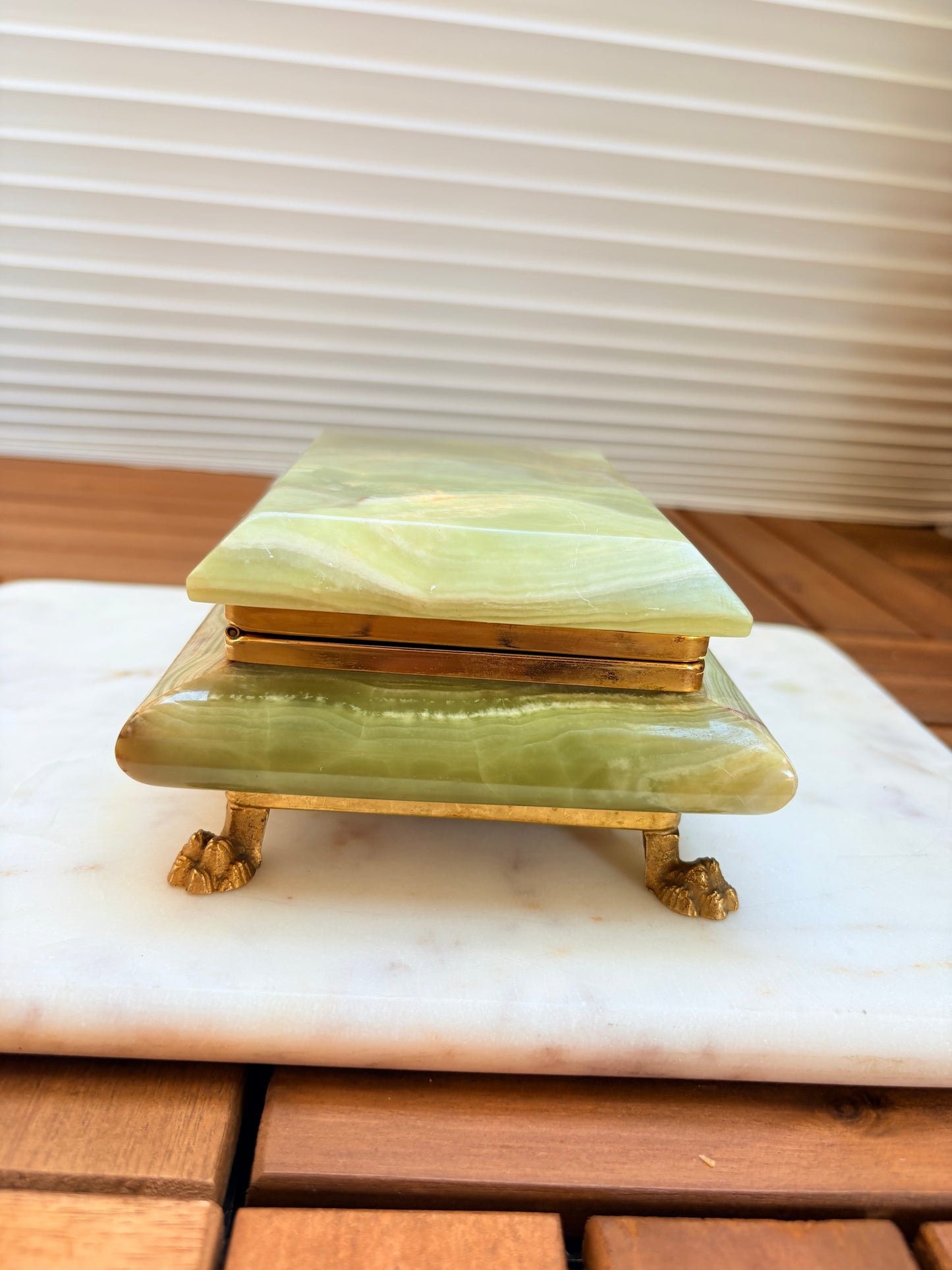 Vintage Italian Green Onyx Jewelry Trinket Box with Brass Accents and Claw Feet