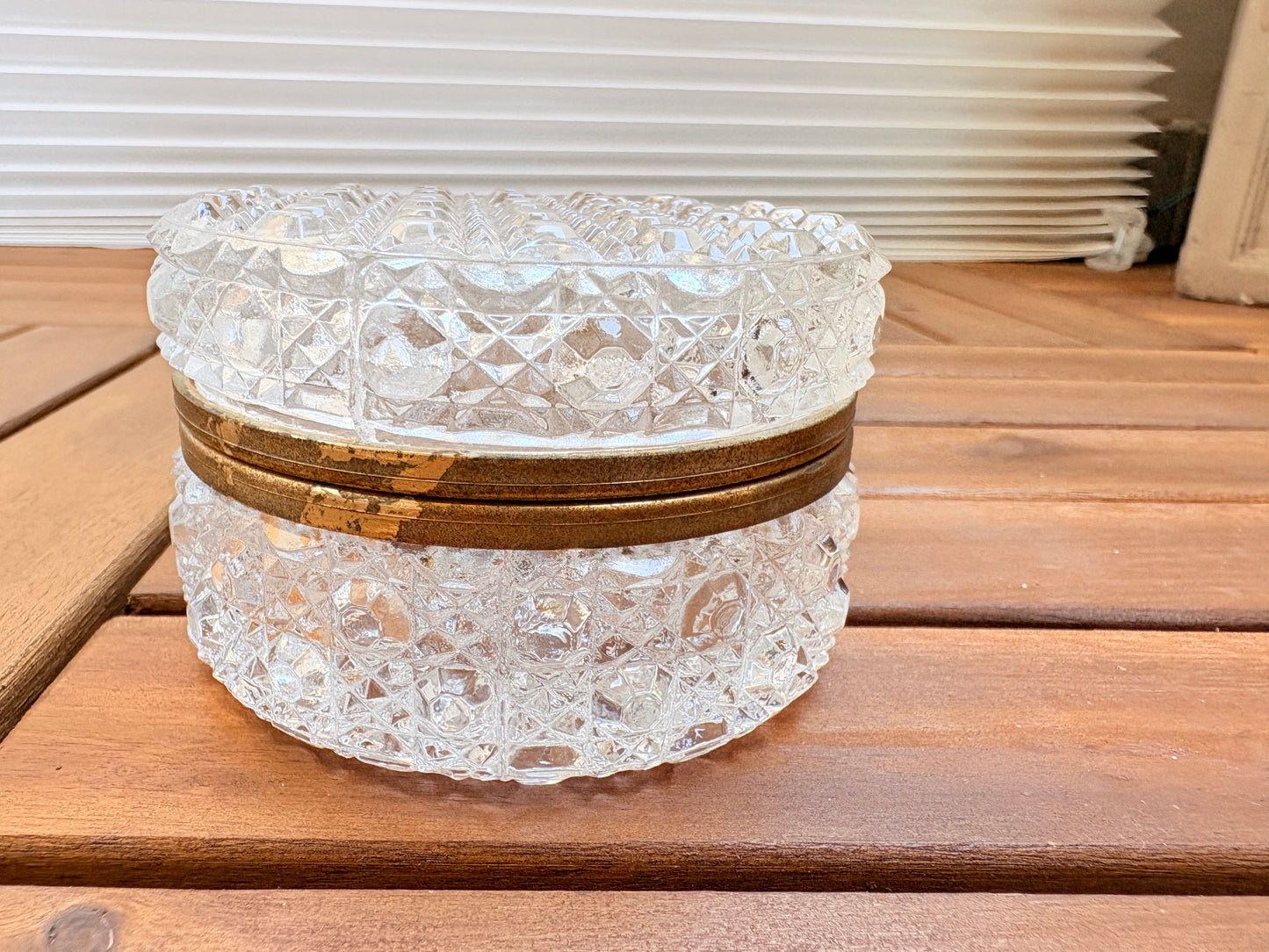 Vintage French Glass Round Brass Hinged Casket Box Glass Trinket Box