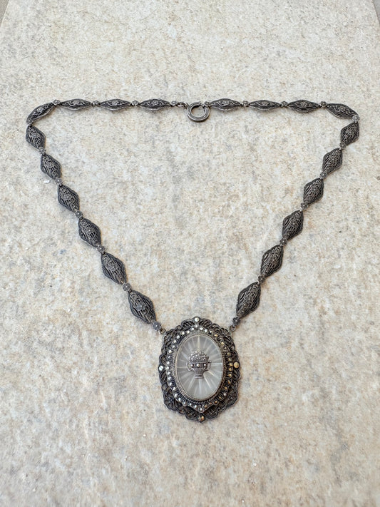 Antique Sterling Filagree Camphor Glass Necklace