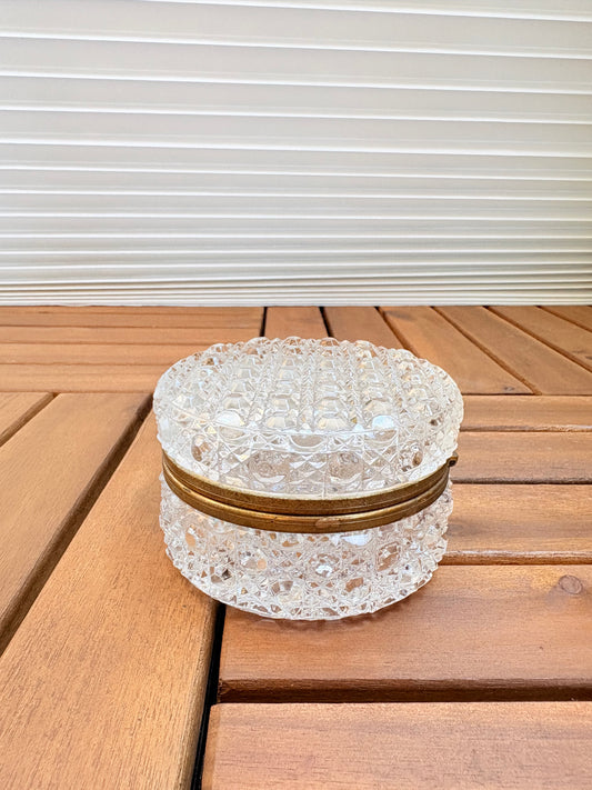 Vintage French Glass Round Brass Hinged Casket Box Glass Trinket Box