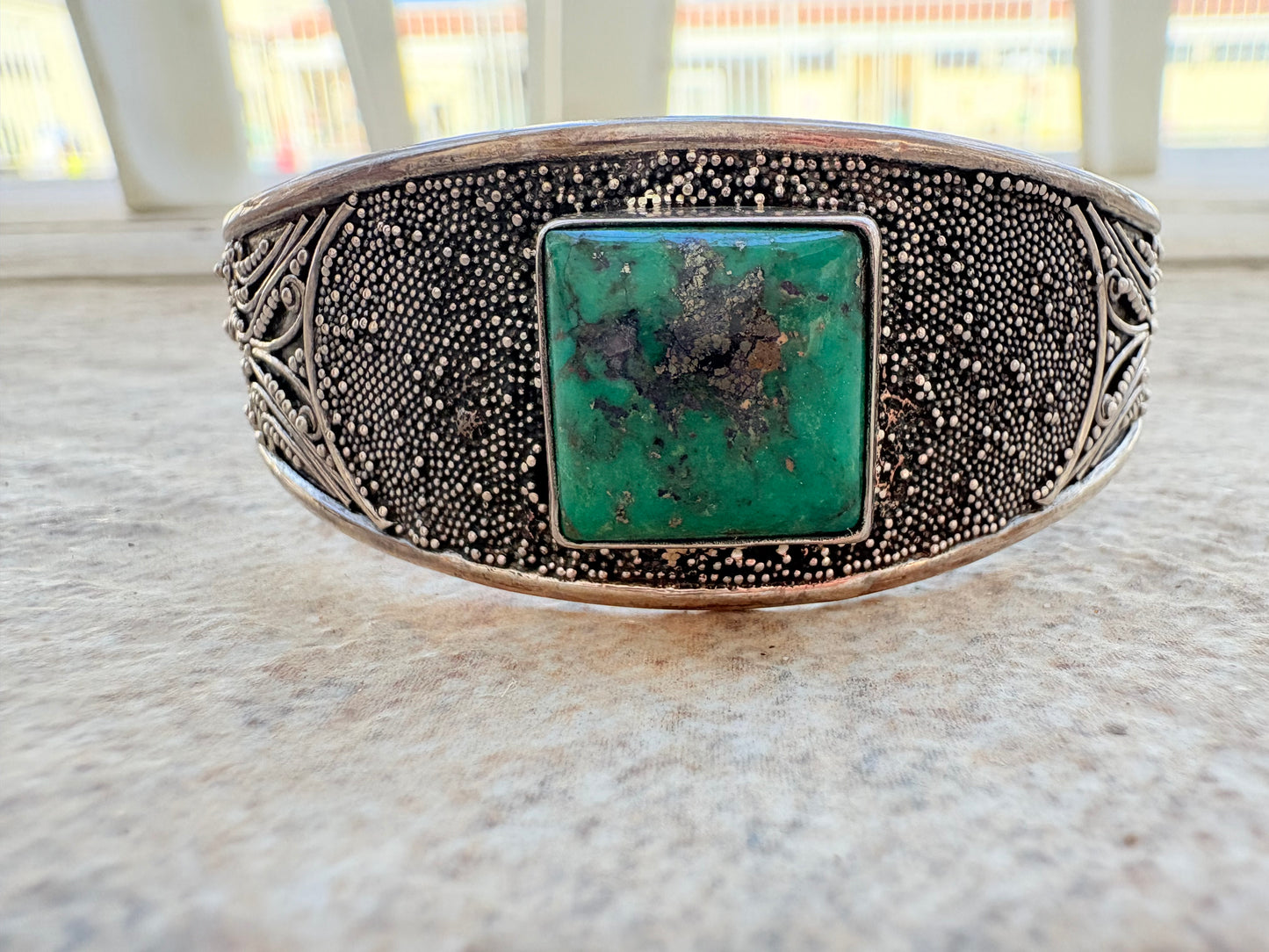 Vintage Sterling Silver Green Stone Cuff Bracelet – Handcrafted Boho Statement Piece