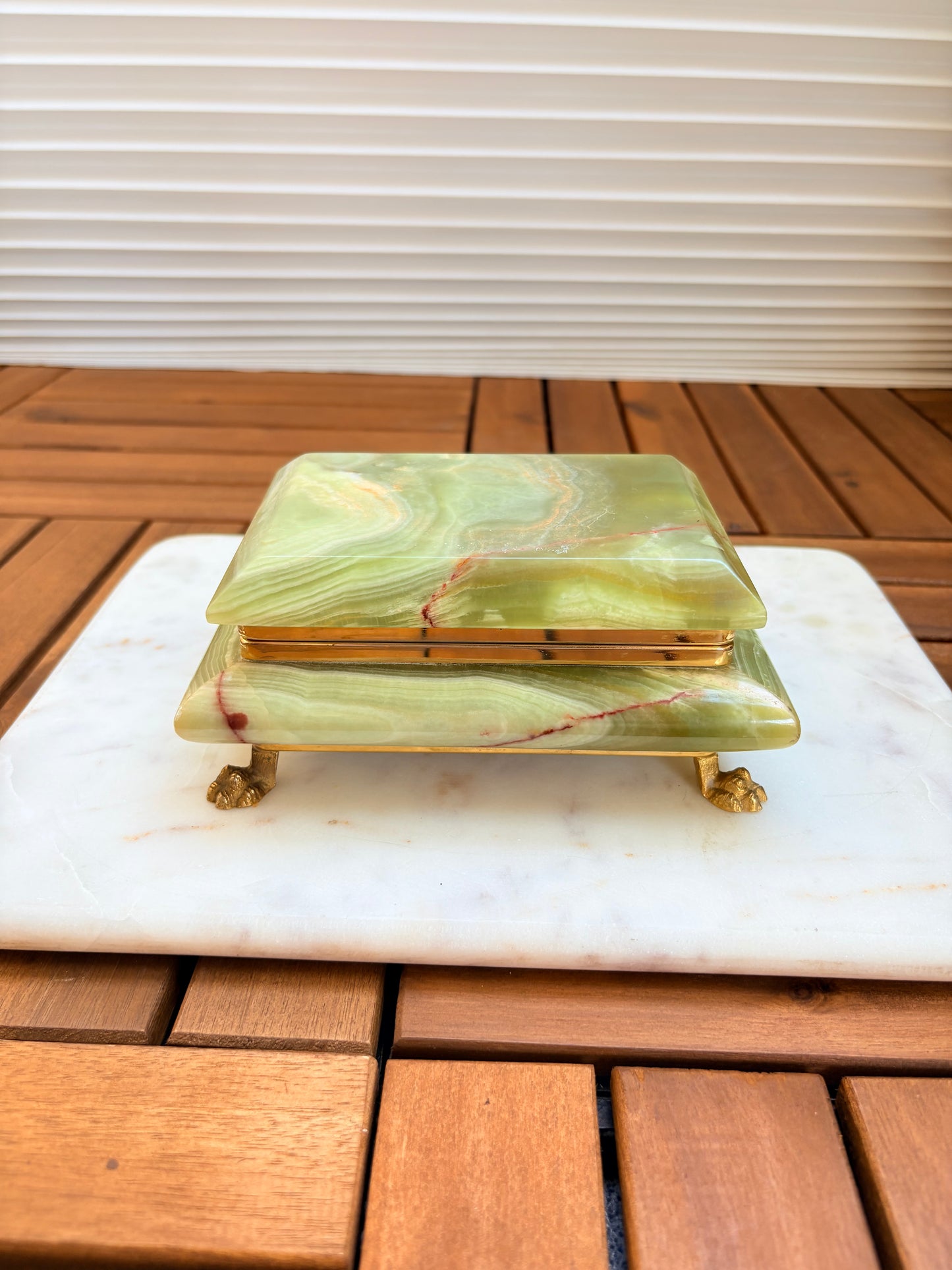 Vintage Italian Green Onyx Jewelry Trinket Box with Brass Accents and Claw Feet
