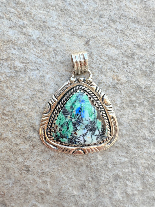 Vintage Sterling Silver Azurite-Malachite Pendant – Navajo Style Triangular Setting