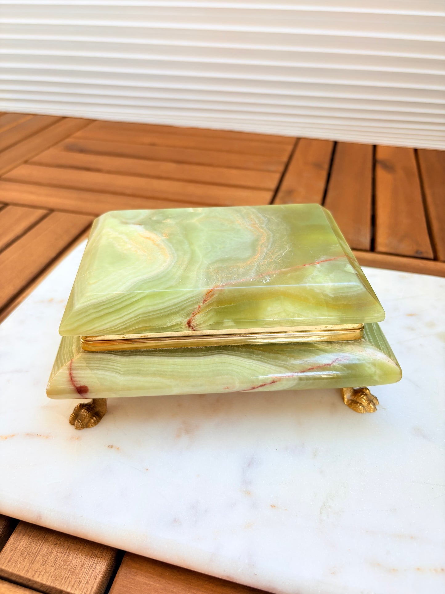 Vintage Italian Green Onyx Jewelry Trinket Box with Brass Accents and Claw Feet