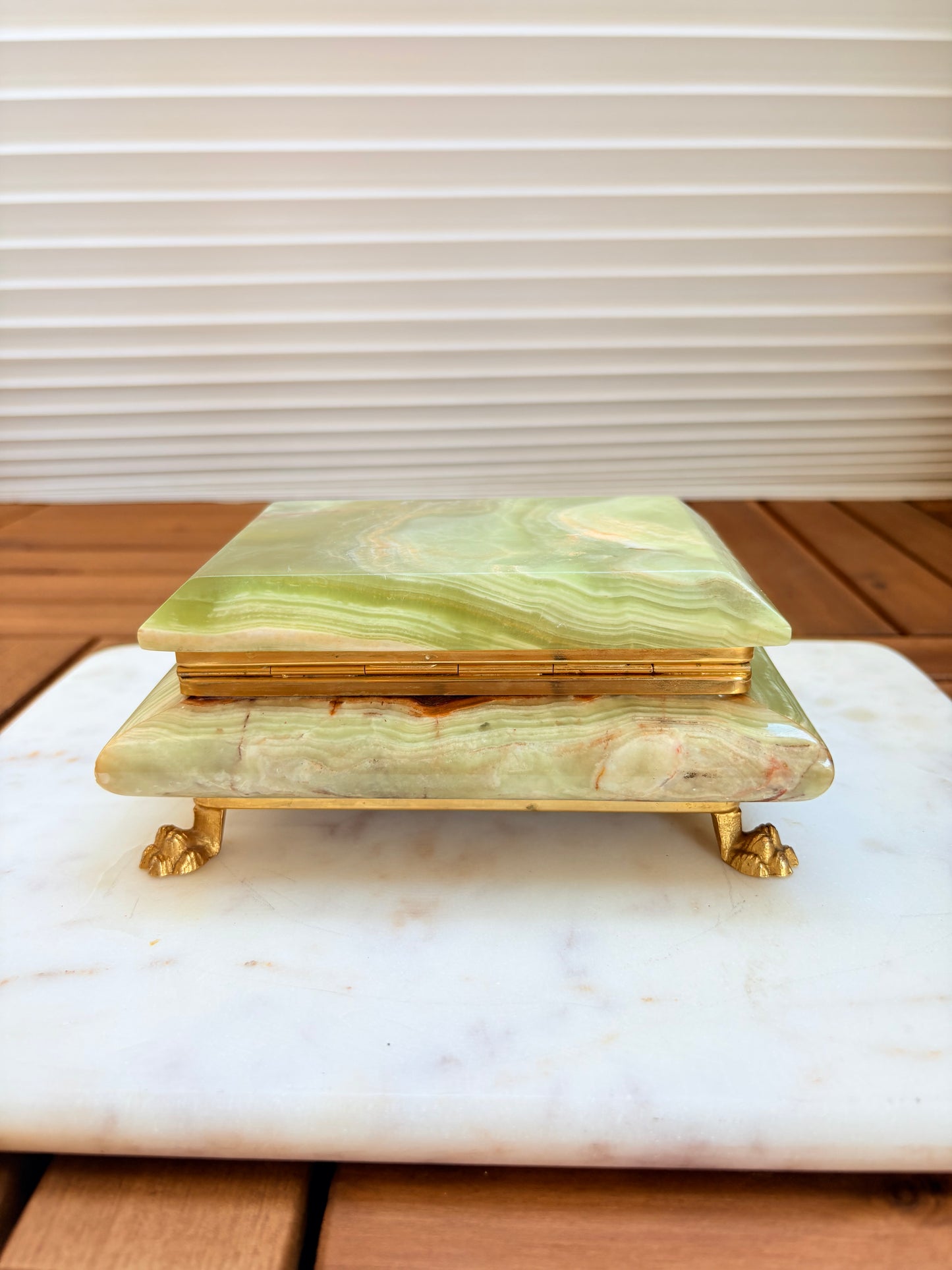 Vintage Italian Green Onyx Jewelry Trinket Box with Brass Accents and Claw Feet