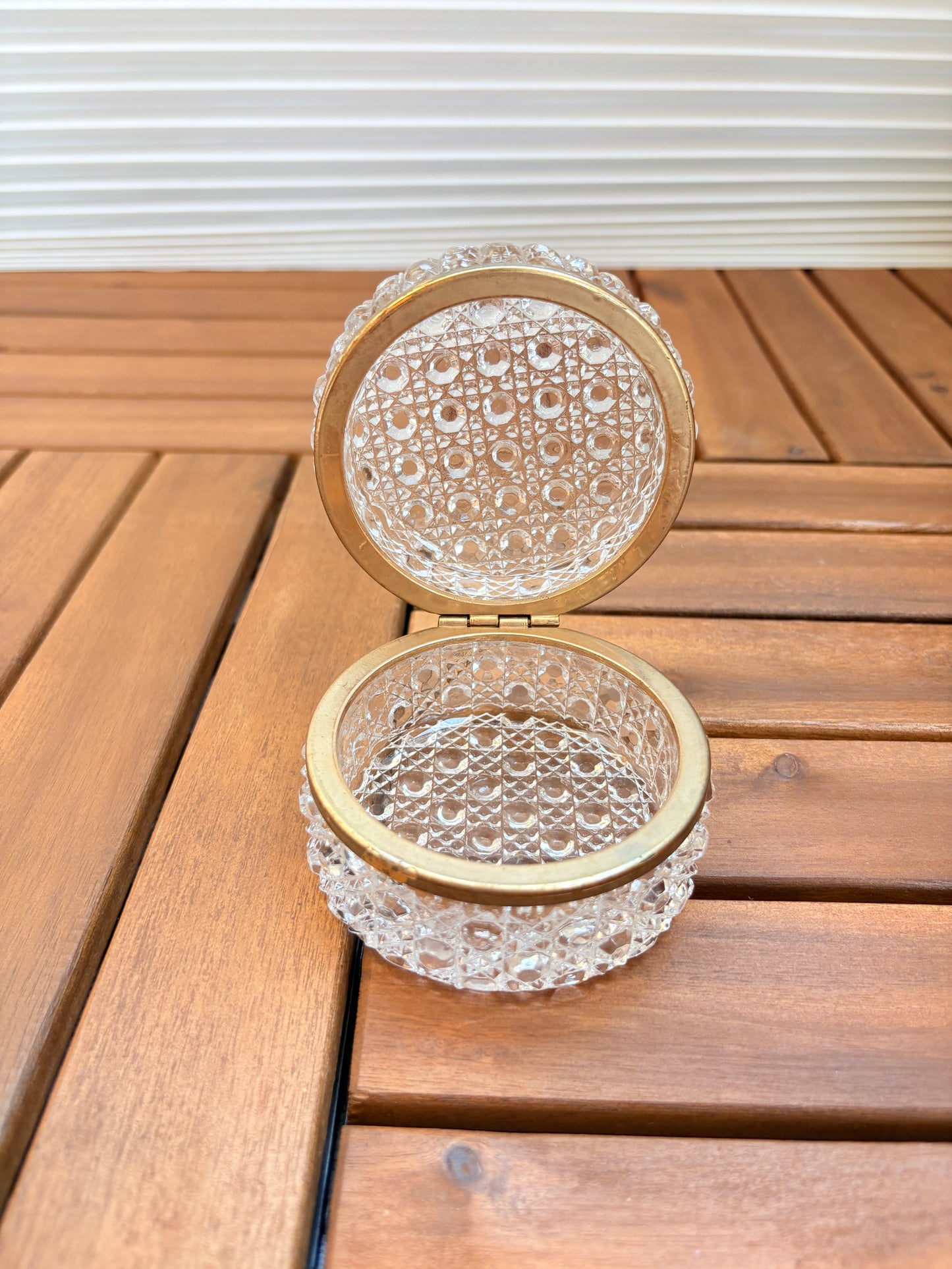 Vintage French Glass Round Brass Hinged Casket Box Glass Trinket Box