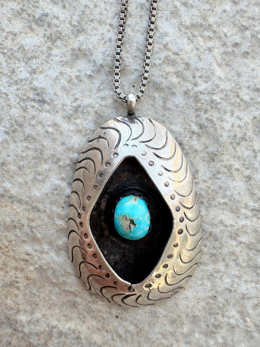 Vintage Navajo Sterling Silver & Turquoise Shadowbox Pendant Necklace