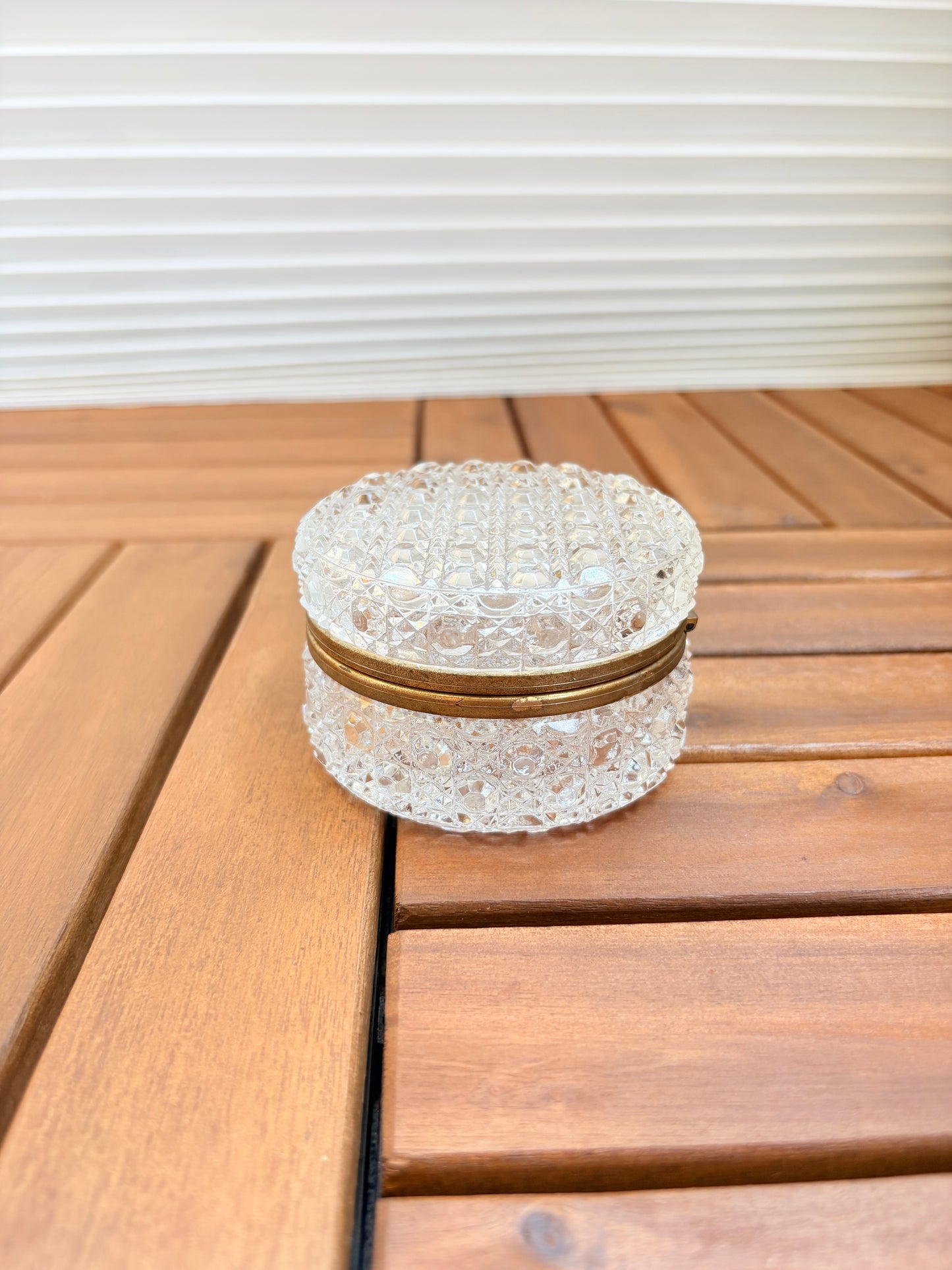 Vintage French Glass Round Brass Hinged Casket Box Glass Trinket Box