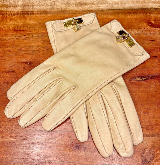Hermès Lambskin Leather Gloves – Beige with Gold Hardware