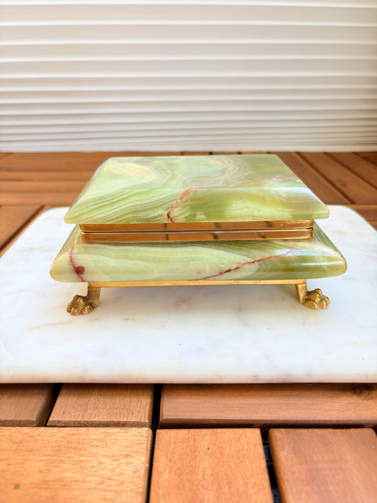 Vintage Italian Green Onyx Jewelry Trinket Box with Brass Accents and Claw Feet