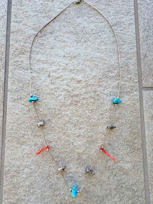 Vintage Native American Fetish Necklace | Sterling Silver, Turquoise & Coral