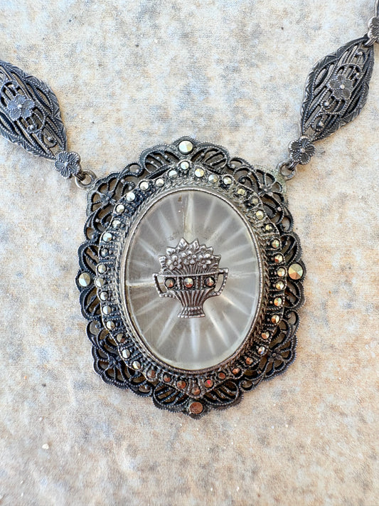 Antique Sterling Filagree Camphor Glass Necklace