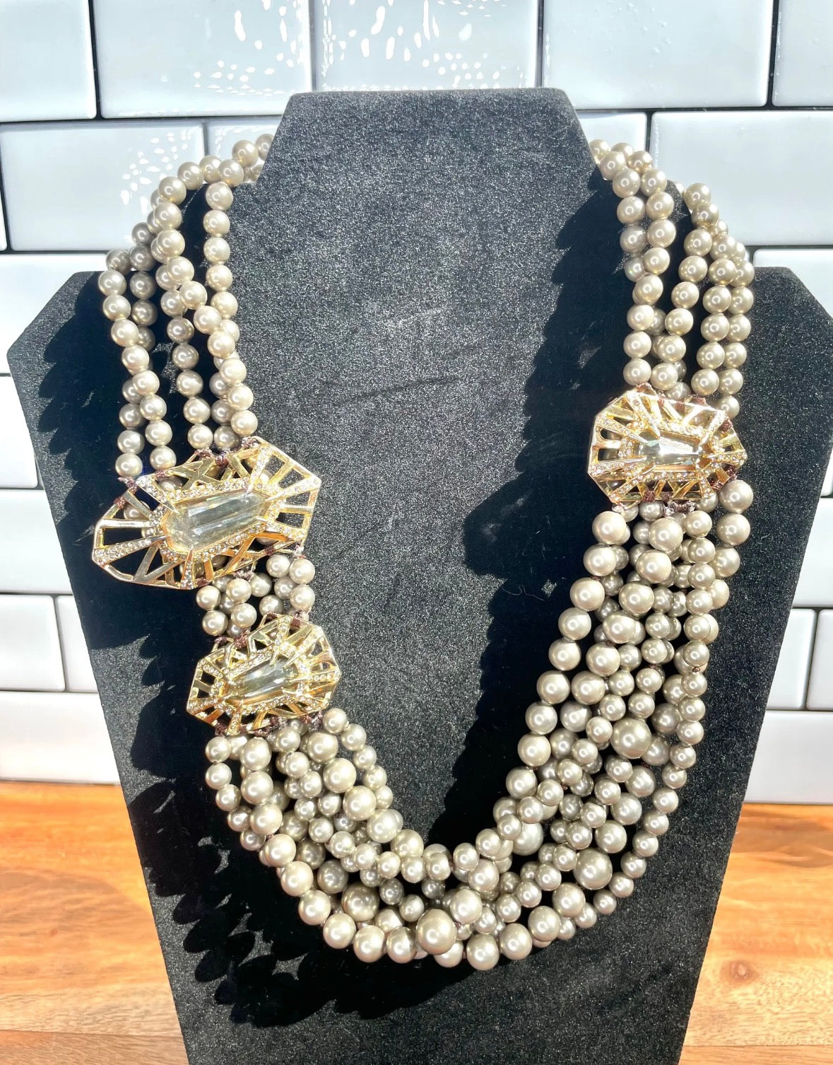 Alexis Bittar Multi-Strand Pearl Statement Necklace with Crystal Accents