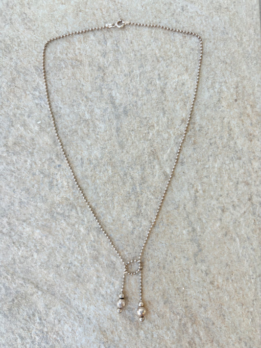 Sterling Silver Beaded Lariat Necklace – Faceted Drop Detail